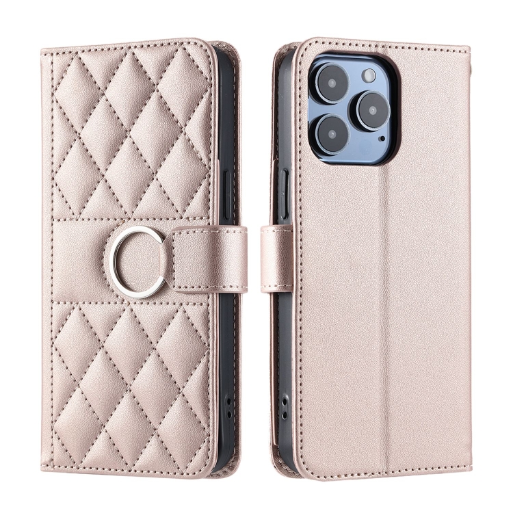 

For iPhone 14 Pro Ring Buckle Rhombic Leather Phone Case(Rose Gold)