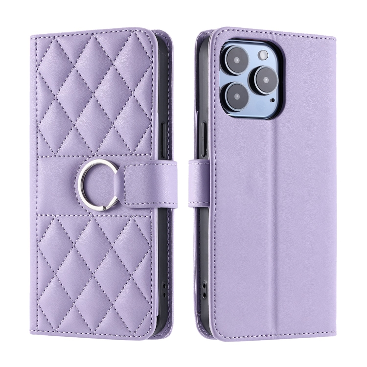 

For iPhone 14 Pro Max Ring Buckle Rhombic Leather Phone Case(Purple)