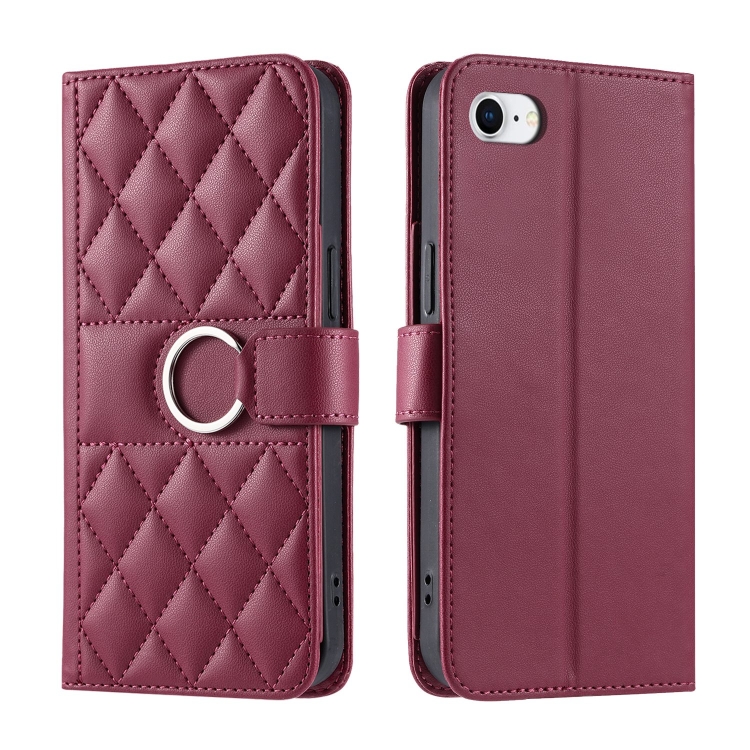 

For iPhone 7 / 8 / SE 2022 Ring Buckle Rhombic Leather Phone Case(Red)