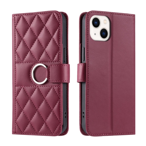 

For iPhone 13 mini Ring Buckle Rhombic Leather Phone Case(Red)