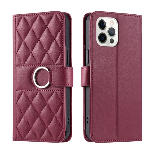 

For iPhone 12 Pro Max Ring Buckle Rhombic Leather Phone Case(Red)