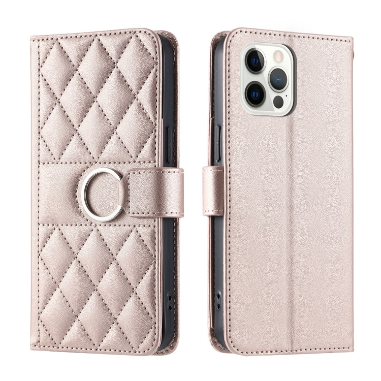 

For iPhone 12 Pro Max Ring Buckle Rhombic Leather Phone Case(Rose Gold)