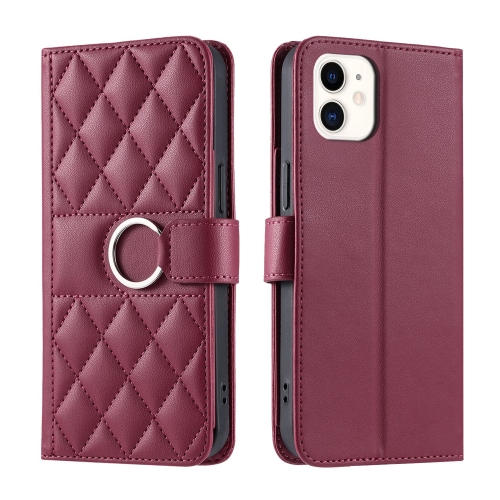 

For iPhone 12 mini Ring Buckle Rhombic Leather Phone Case(Red)