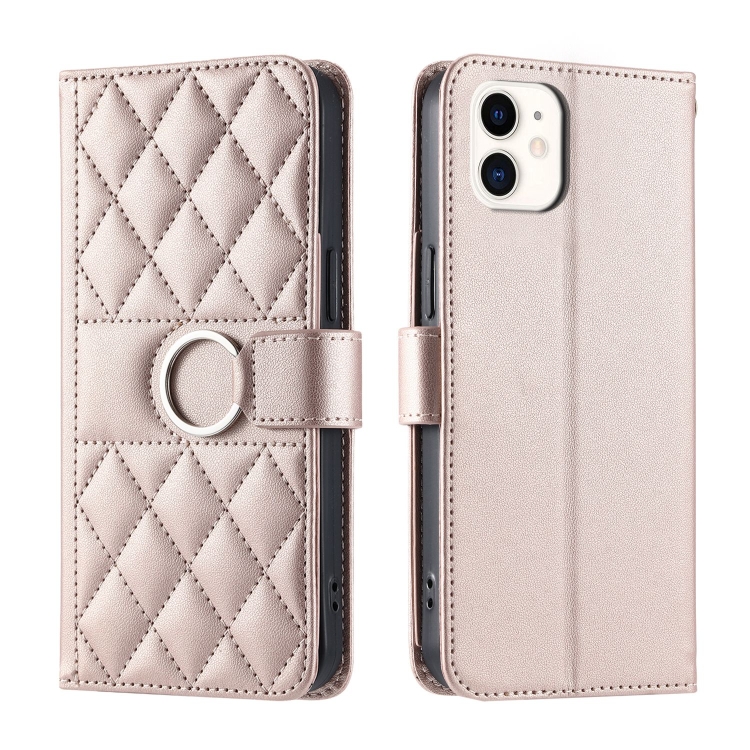 

For iPhone 12 mini Ring Buckle Rhombic Leather Phone Case(Rose Gold)