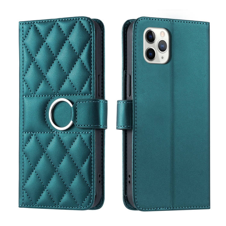 

For iPhone 11 Pro Max Ring Buckle Rhombic Leather Phone Case(Green)