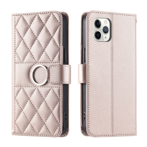 

For iPhone 11 Pro Max Ring Buckle Rhombic Leather Phone Case(Rose Gold)