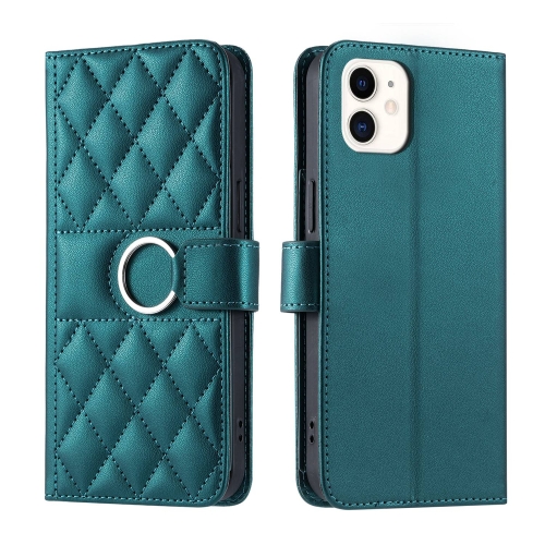 

For iPhone 11 Ring Buckle Rhombic Leather Phone Case(Green)