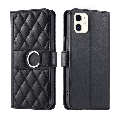 

For iPhone 11 Ring Buckle Rhombic Leather Phone Case(Black)