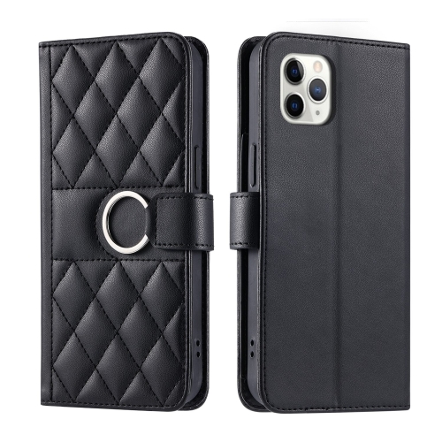 

For iPhone 11 Pro Ring Buckle Rhombic Leather Phone Case(Black)