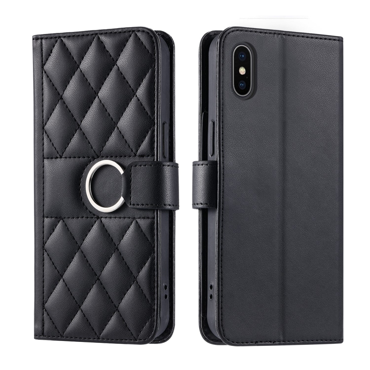 

For iPhone XS Max Ring Buckle Rhombic Leather Phone Case(Black)