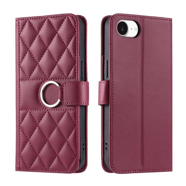 

For iPhone 16e Ring Buckle Rhombic Leather Phone Case(Red)