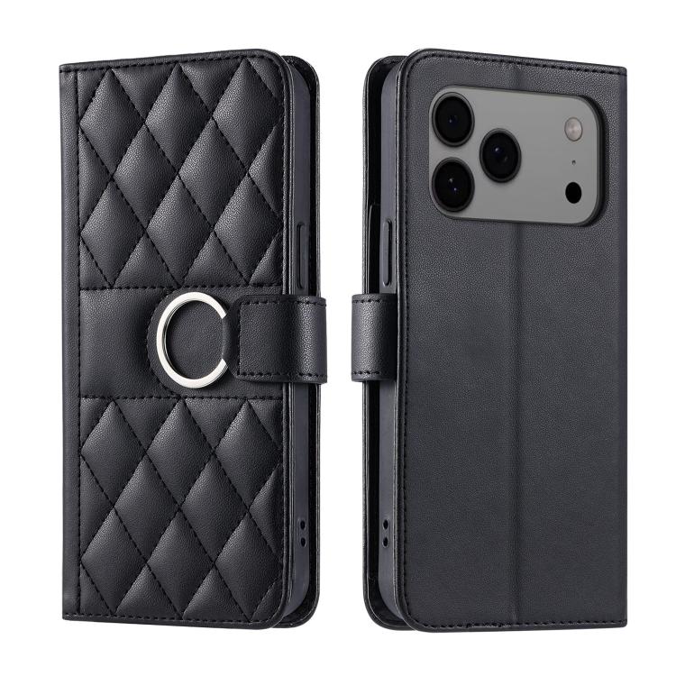 For iPhone 17 Pro Ring Buckle Rhombic Leather Phone Case(Black)