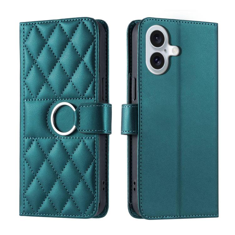 For iPhone 17 Ring Buckle Rhombic Leather Phone Case(Green)