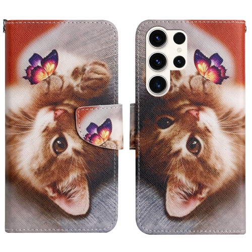 

For Samsung Galaxy S25 Ultra 5G Colored Drawing Pattern Leather Phone Case(Butterfly Cat)