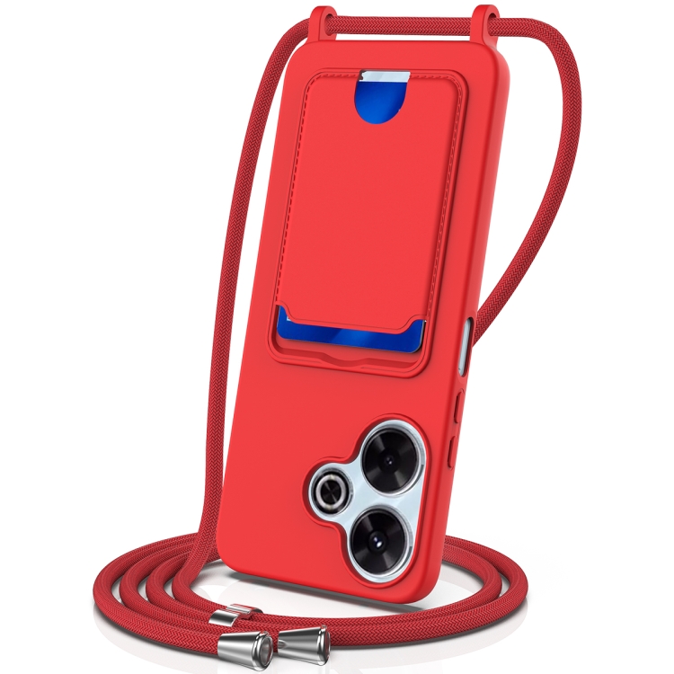 

For Redmi 13 4G / 5G / Note 13R 5G Integrated Card Bag Solid Color Liquid Silicone Phone Case with Lanyard(Red)