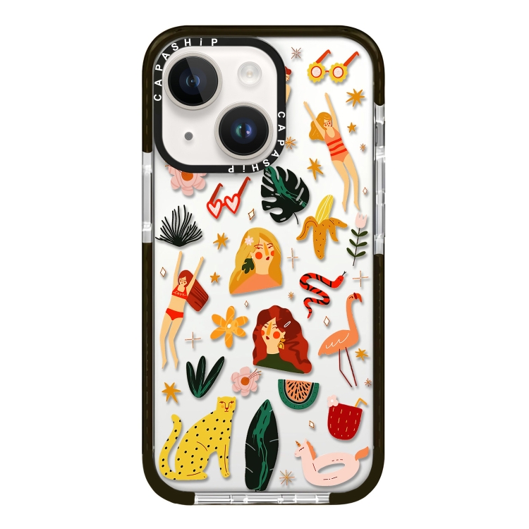 

For iPhone 14 Simple Illustration Pattern Full Coverage Phone Case(Girl Stickers B)