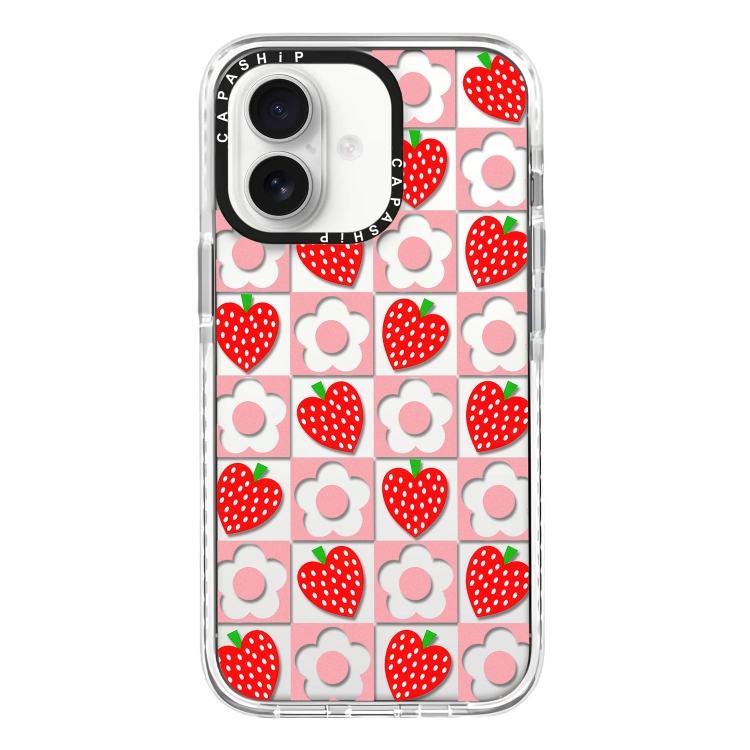 

For iPhone 16 Plus Simple Illustration Pattern Full Coverage Phone Case(Love Strawberry Flower)