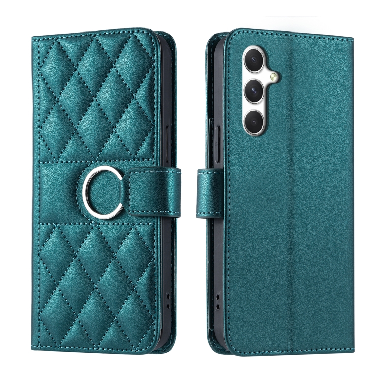 

For Samsung Galaxy A55 5G Ring Buckle Rhombic Leather Phone Case(Green)