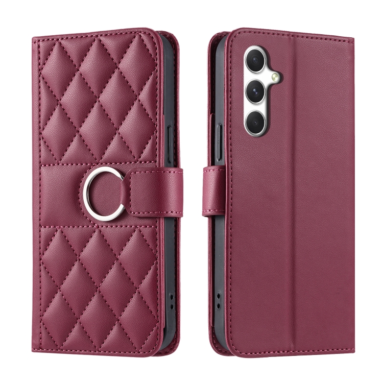 

For Samsung Galaxy A35 5G Ring Buckle Rhombic Leather Phone Case(Red)