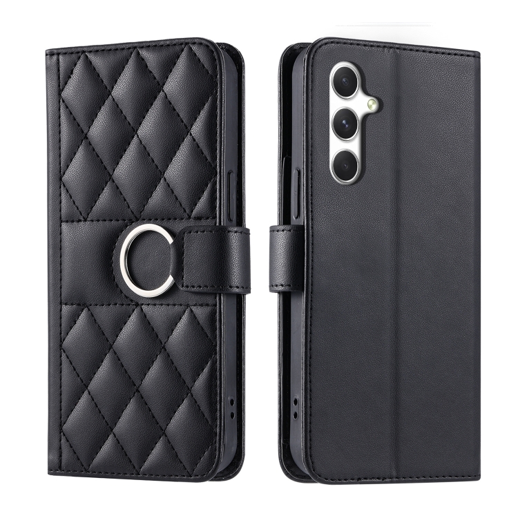 

For Samsung Galaxy A25 5G Ring Buckle Rhombic Leather Phone Case(Black)