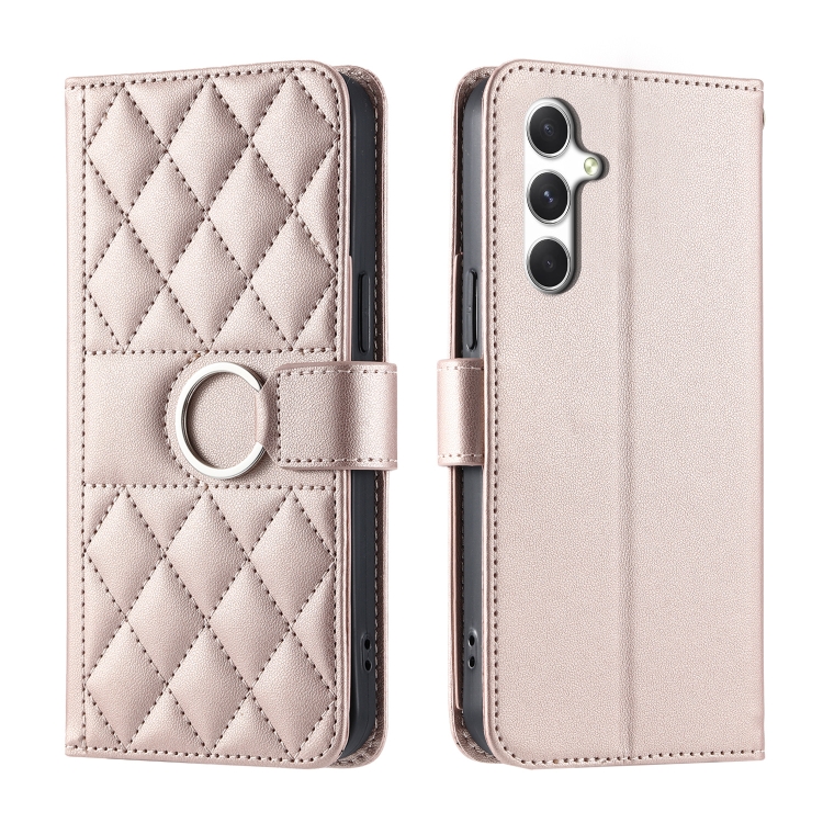 

For Samsung Galaxy A25 5G Ring Buckle Rhombic Leather Phone Case(Rose Gold)