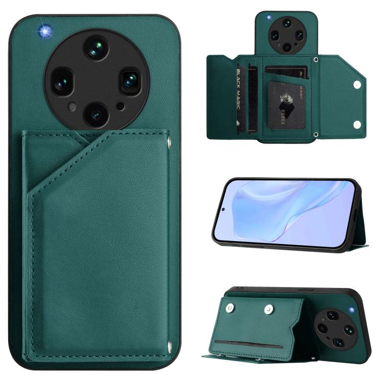 

For OPPO Find X8 Ultra Skin Feel Four Card Slots Phone Case with Wrist Strap(Green)