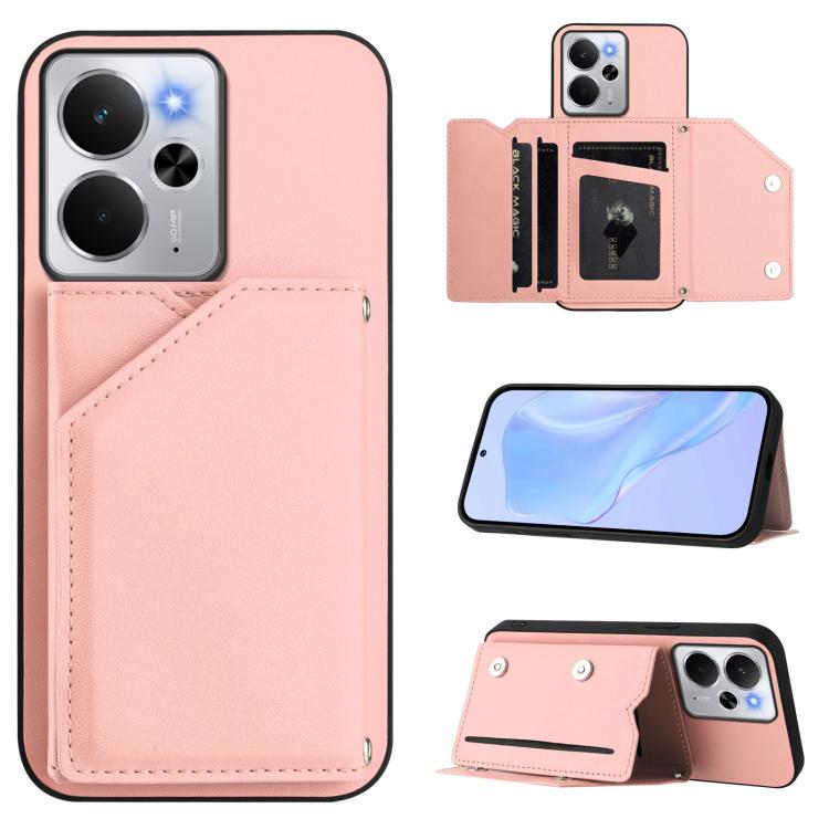 

For Realme 14 Skin Feel Four Card Slots Phone Case with Wrist Strap(Pink)