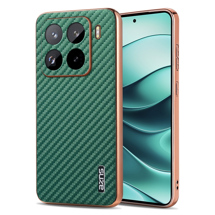

For Xiaomi 15 Pro AZNS Electroplated Edge Carbon Fiber Texture Phone Case(Green)
