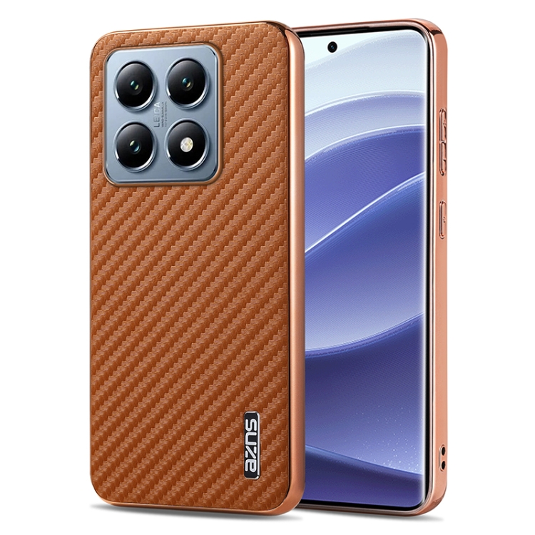 

For Xiaomi 14T AZNS Electroplated Edge Carbon Fiber Texture Phone Case(Brown)