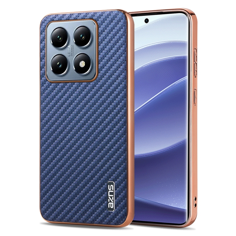 

For Xiaomi 14T Pro AZNS Electroplated Edge Carbon Fiber Texture Phone Case(Blue)