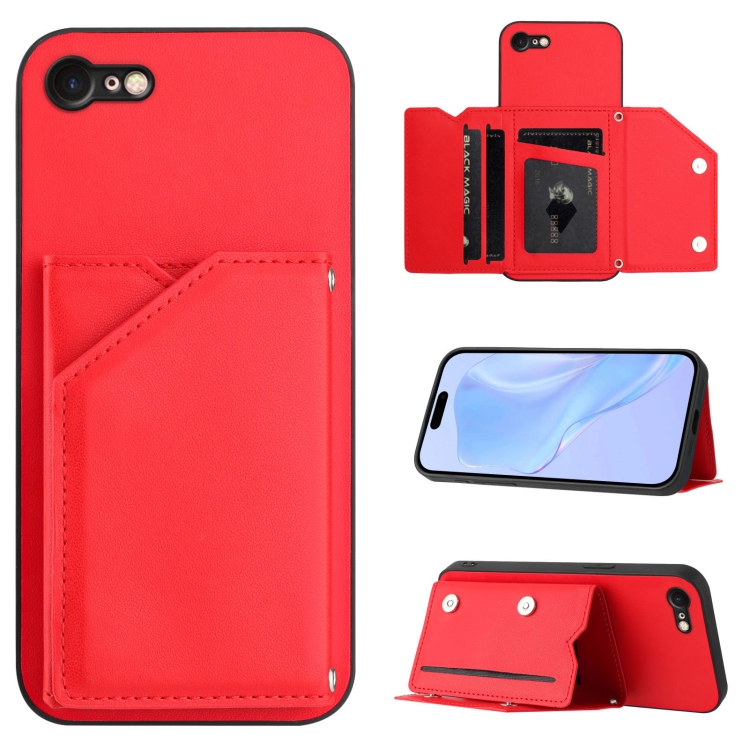 

For iPhone 7 / 8 / SE 2020 2022 Skin Feel Four Card Slots Phone Case with Wrist Strap(Red)