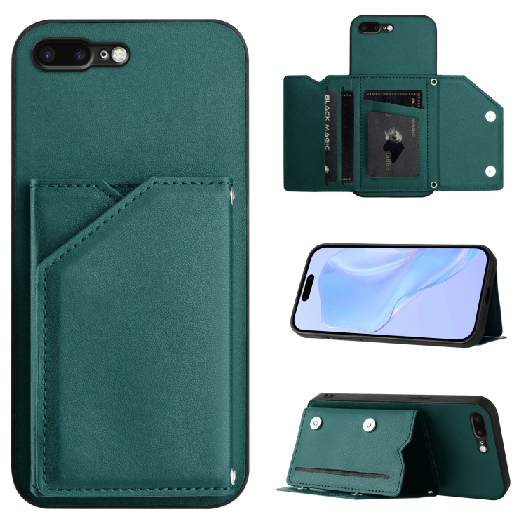 

For iPhone 7 Plus / 8 Plus Skin Feel Four Card Slots Phone Case with Wrist Strap(Green)