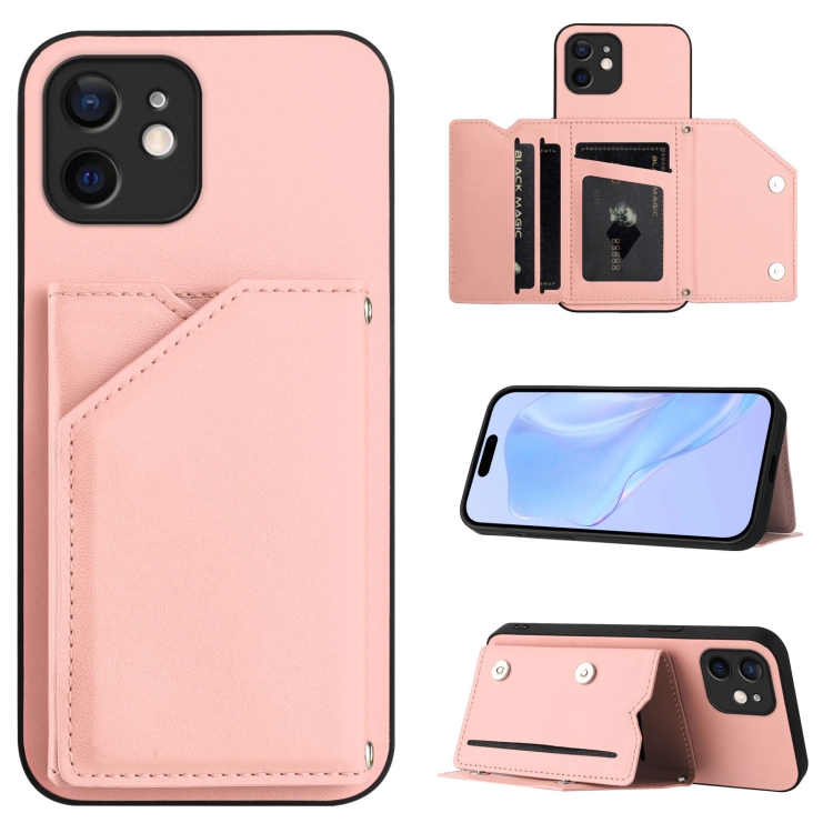 

For iPhone 11 Skin Feel Four Card Slots Phone Case with Wrist Strap(Pink)