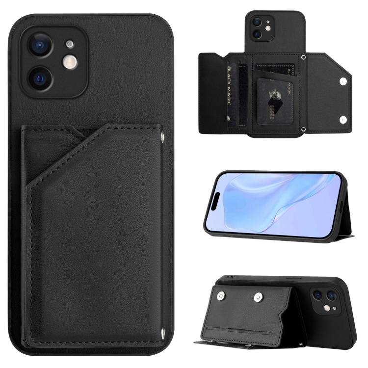 

For iPhone 11 Skin Feel Four Card Slots Phone Case with Wrist Strap(Black)