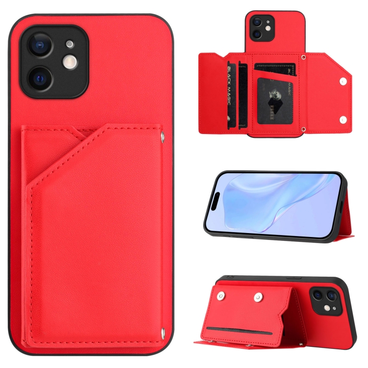 

For iPhone 11 Skin Feel Four Card Slots Phone Case with Wrist Strap(Red)