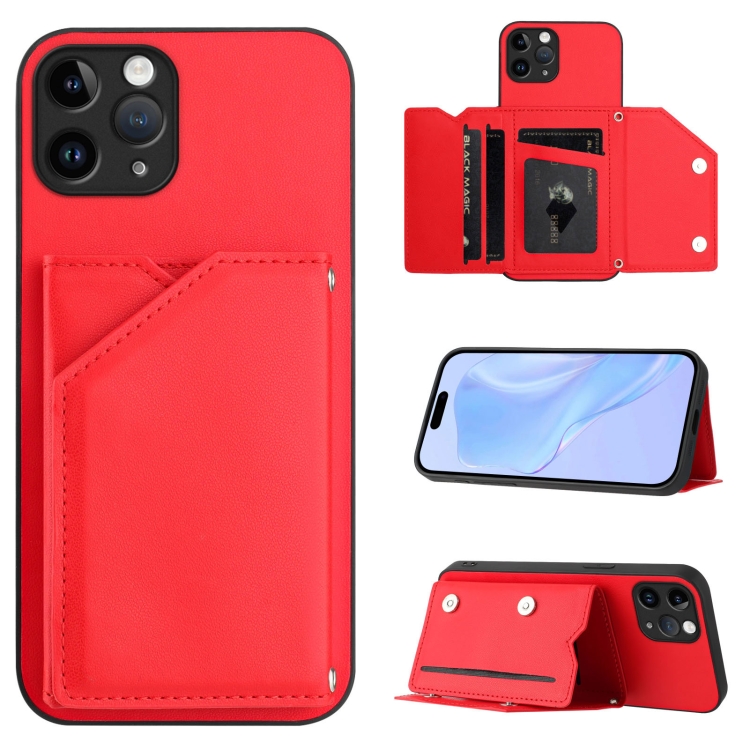 For iPhone 11 Pro Skin Feel Four Card Slots Phone Case with Wrist Strap(Red)