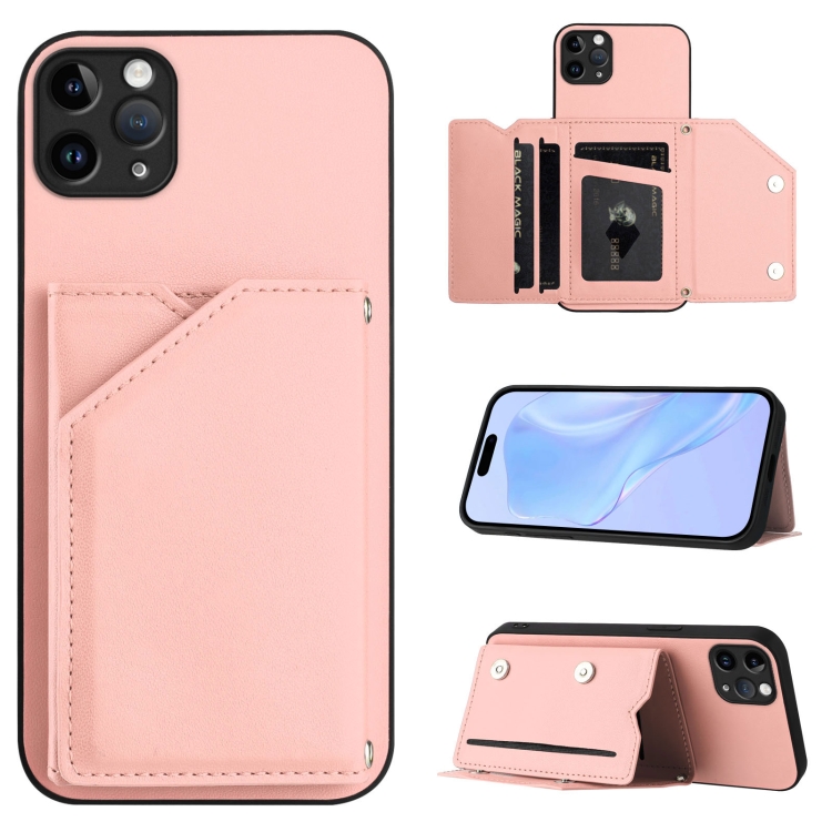 

For iPhone 11 Pro Max Skin Feel Four Card Slots Phone Case with Wrist Strap(Pink)