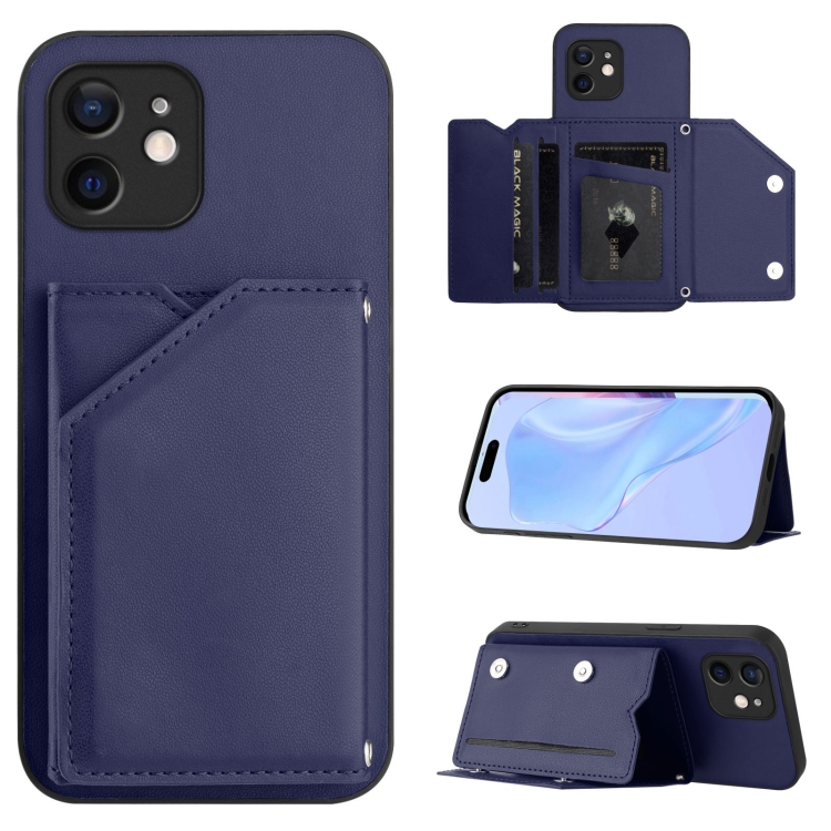 

For iPhone 12 Skin Feel Four Card Slots Phone Case with Wrist Strap(Blue)