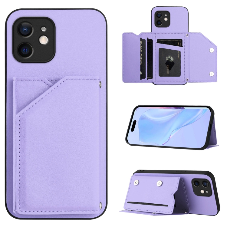

For iPhone 12 mini Skin Feel Four Card Slots Phone Case with Wrist Strap(Purple)
