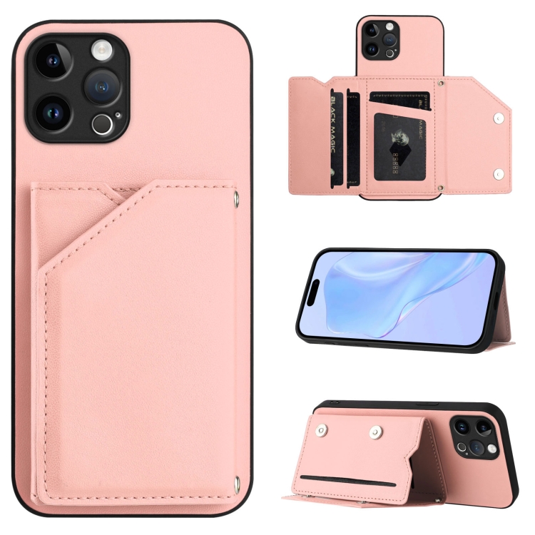 

For iPhone 12 Pro Skin Feel Four Card Slots Phone Case with Wrist Strap(Pink)