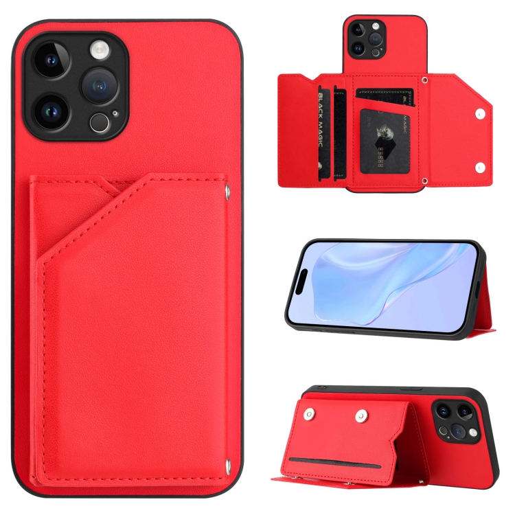 

For iPhone 12 Pro Max Skin Feel Four Card Slots Phone Case with Wrist Strap(Red)