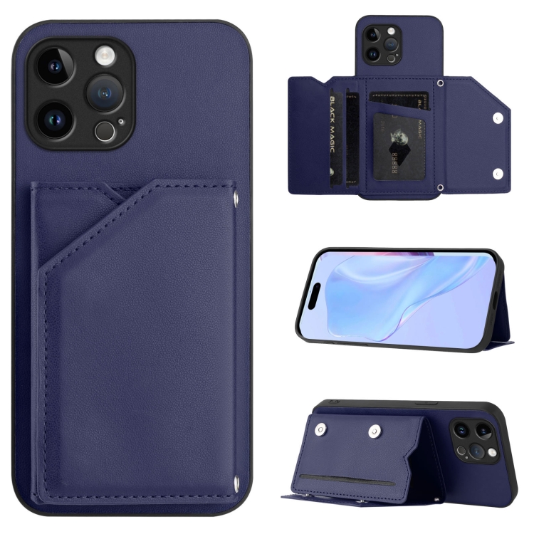 

For iPhone 12 Pro Max Skin Feel Four Card Slots Phone Case with Wrist Strap(Blue)