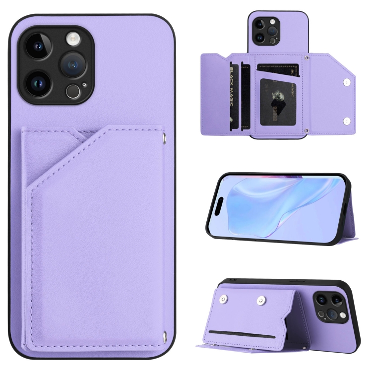 

For iPhone 12 Pro Max Skin Feel Four Card Slots Phone Case with Wrist Strap(Purple)