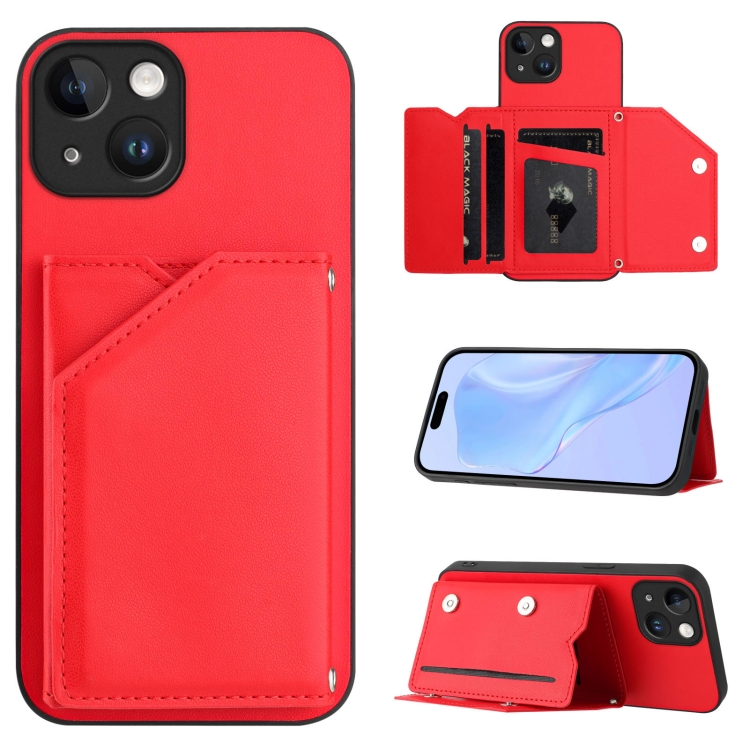 

For iPhone 13 Skin Feel Four Card Slots Phone Case with Wrist Strap(Red)