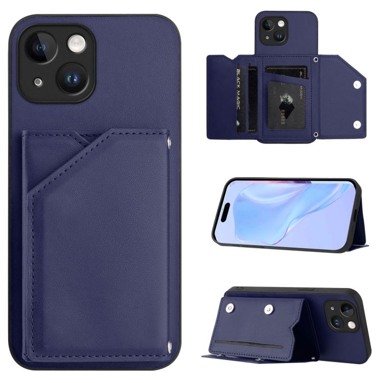 

For iPhone 13 mini Skin Feel Four Card Slots Phone Case with Wrist Strap(Blue)