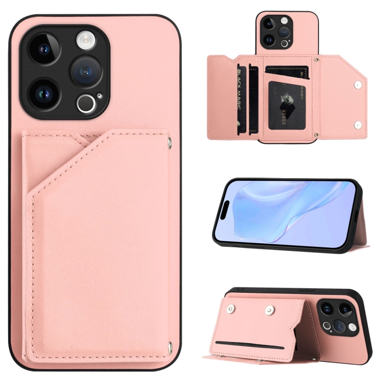 

For iPhone 13 Pro Skin Feel Four Card Slots Phone Case with Wrist Strap(Pink)