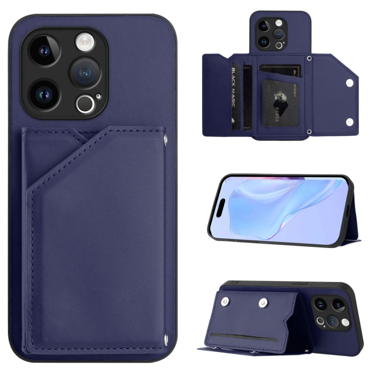 

For iPhone 13 Pro Skin Feel Four Card Slots Phone Case with Wrist Strap(Blue)