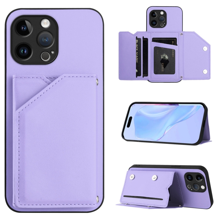 

For iPhone 13 Pro Max Skin Feel Four Card Slots Phone Case with Wrist Strap(Purple)