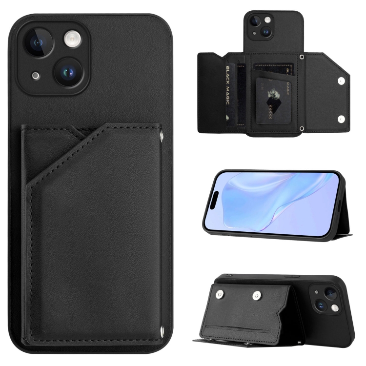 

For iPhone 14 Skin Feel Four Card Slots Phone Case with Wrist Strap(Black)