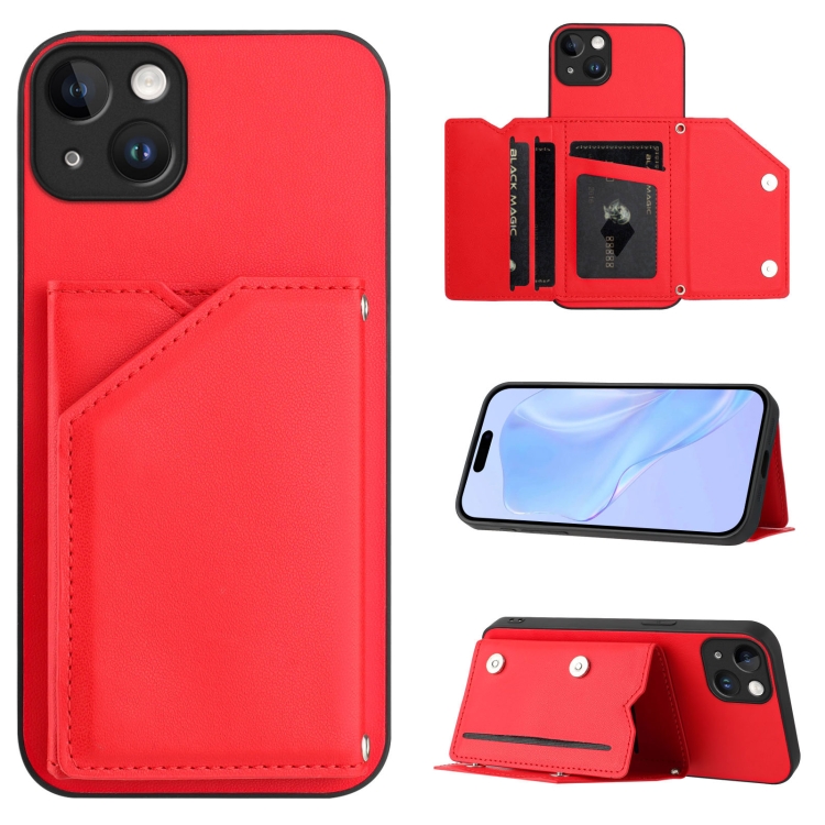 

For iPhone 14 Plus Skin Feel Four Card Slots Phone Case with Wrist Strap(Red)